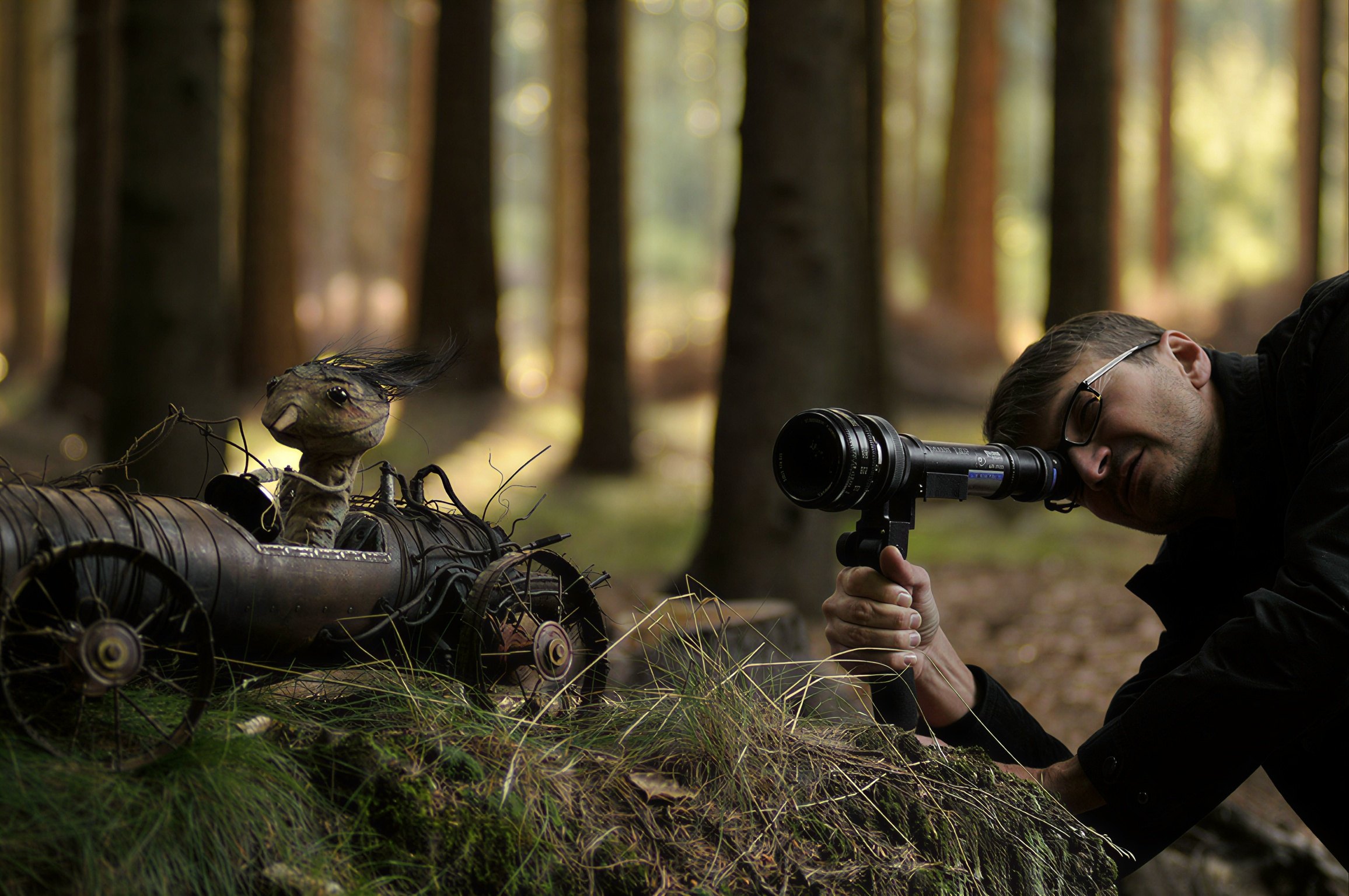 Director Jan Svěrák crouches behind a camera in a pine forest, filming the Kooky puppet on a rig among the tree roots.