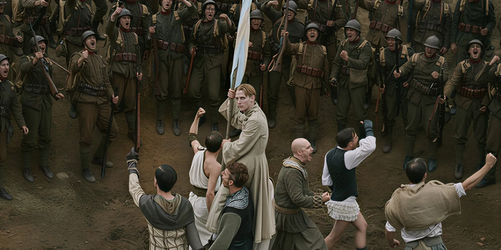 Coward — a young soldier held aloft before ranks of troops, a pale banner raised behind him